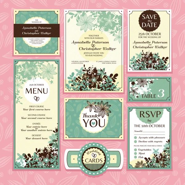 Set of floral wedding cards — Stock Vector