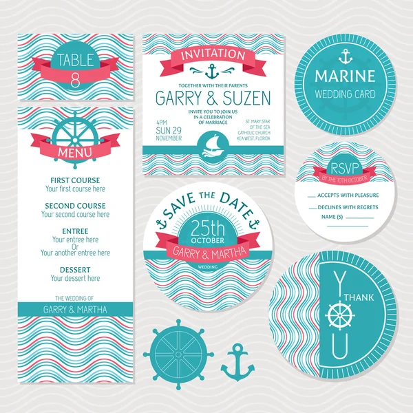 Set of marine wedding cards — Stock Vector