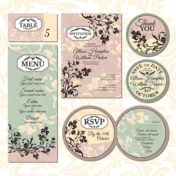 Conjunto de tarjetas de boda florales — Vector de stock