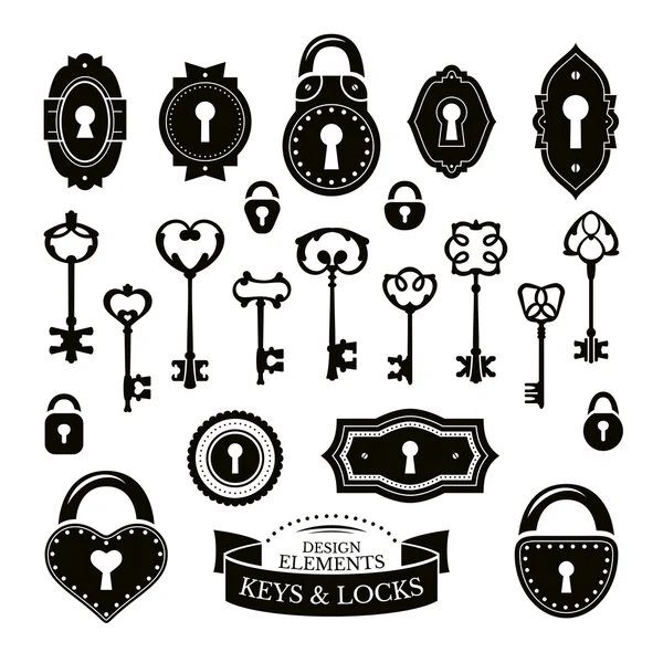 Set of different vintage keys and keyholes and locks — Stock Vector