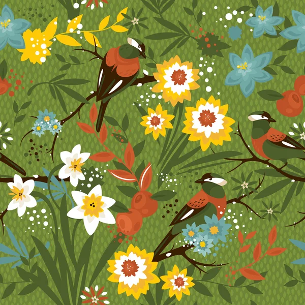 鳥とビンテージのシームレス花柄 — ストックベクタ