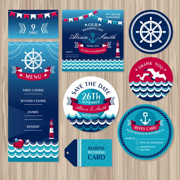 Conjunto de tarjetas de boda marinas — Vector de stock