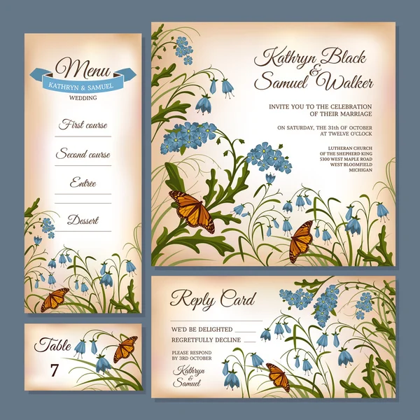 花の結婚式のカードのセット — ストックベクタ