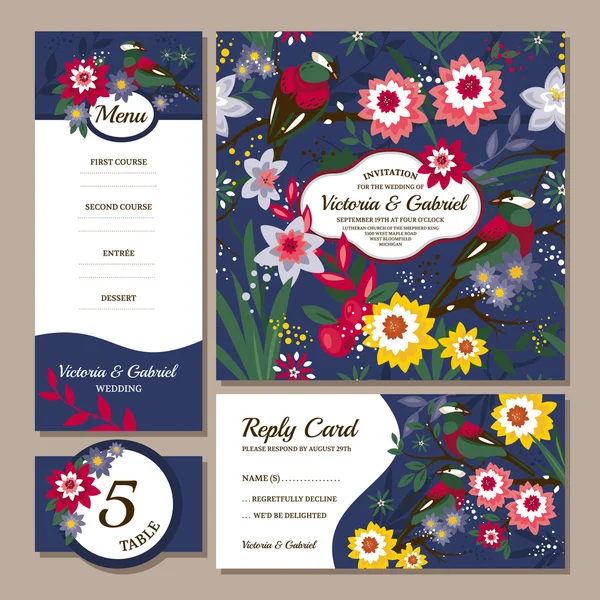 Conjunto de tarjetas de boda florales — Archivo Imágenes Vectoriales