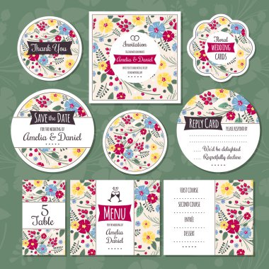 çiçek düğün kartları kümesi