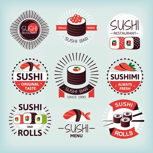 Ensemble de différentes étiquettes de sushi — Image vectorielle