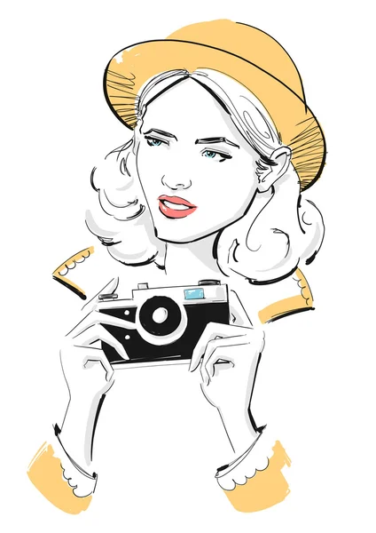 Female Fashion Model with a Vintage Camera — Stock Vector