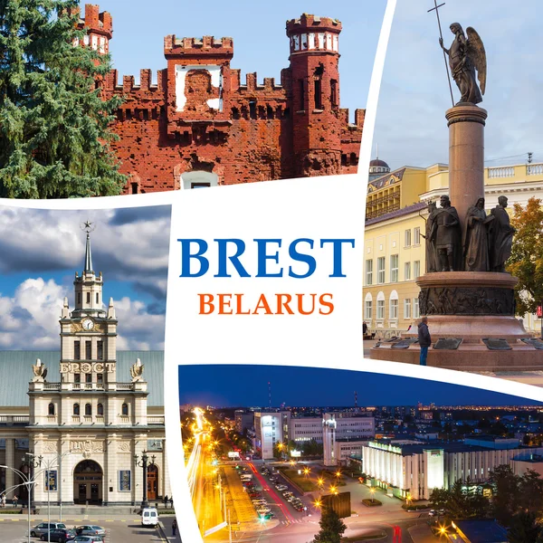 Koláž z atrakcí města Brest v Bělorusku — Stock fotografie