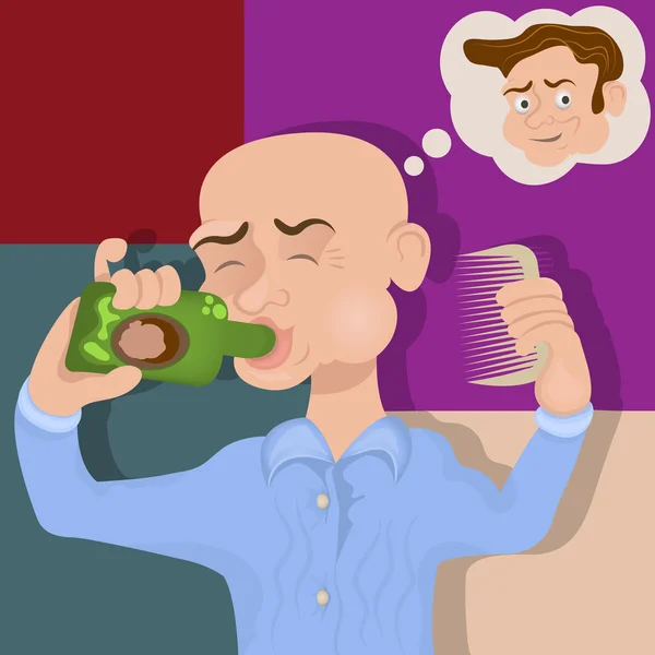 Uomo calvo bere una cura — Vettoriale Stock