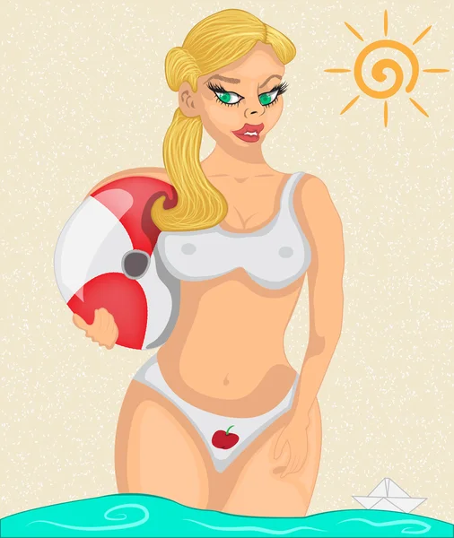 Chica con pelota de playa — Vector de stock