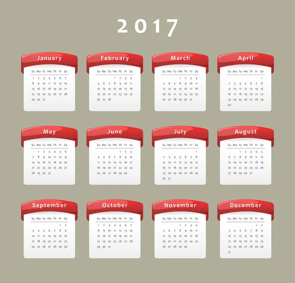 Calendário de 2017, semana começa no domingo — Vetor de Stock