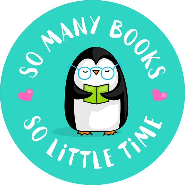 Carino Pinguino Cartone Animato Lettura Con Citazione Tanti Libri Così Illustrazione Stock