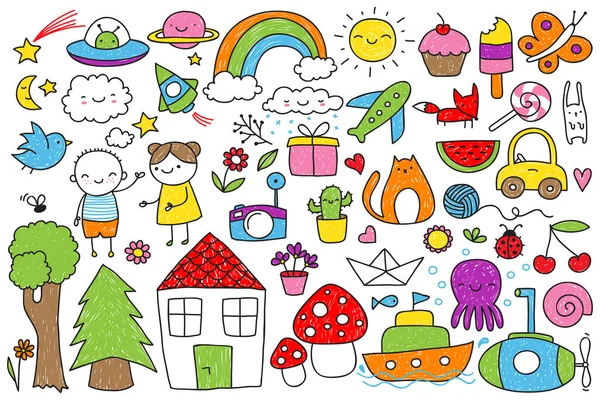 Collection Cute Children Doodle Various Animals Objects Kids Nature Elements — Stock Vector