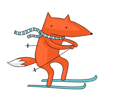 Cute and funny illustration of a fox skiing