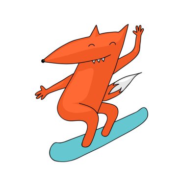 Cute illustration of a fox snowboarding