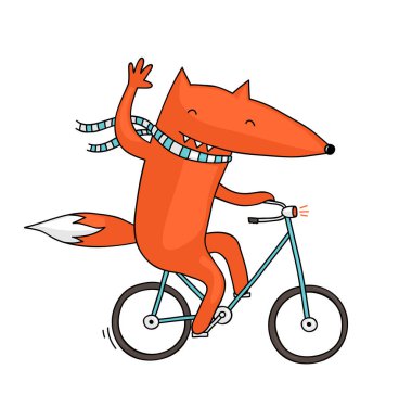 Cute and funny illustration of a fox riding a bicycle