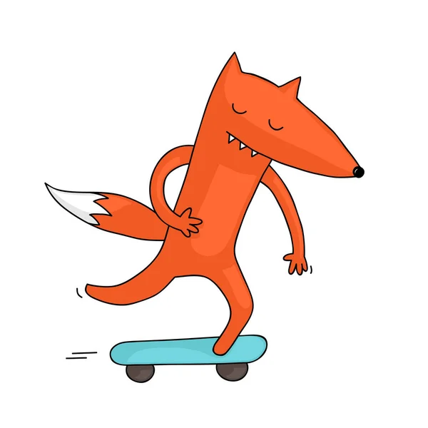 Cute Funny Illustration Fox Riding Skateboard — Stok Vektör