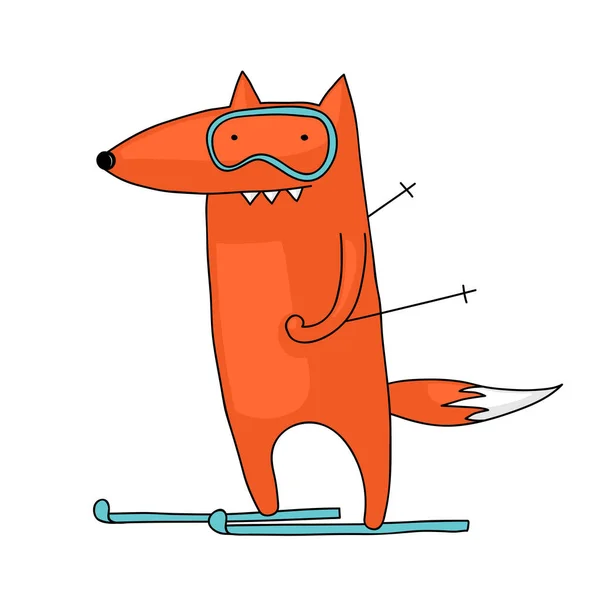 Cute Funny Illustration Fox Skiing — Stok Vektör