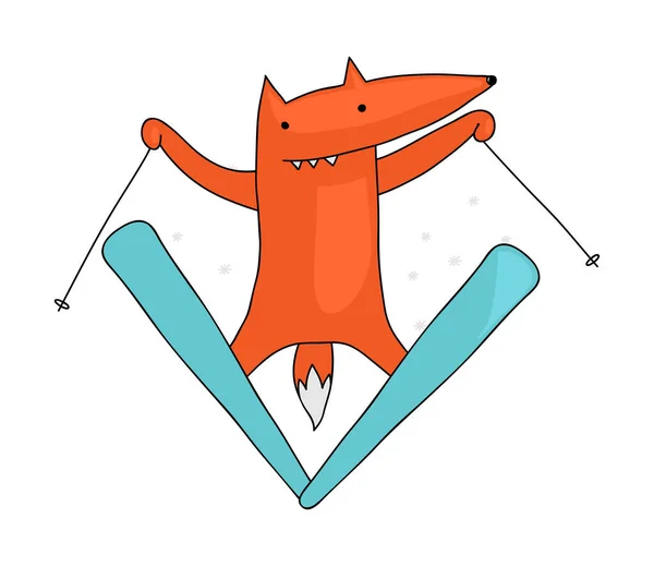 Cute Funny Illustration Fox Skiing — Stok Vektör