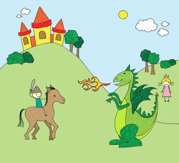 Escena de dragón estilo dibujo de niño — Vector de stock