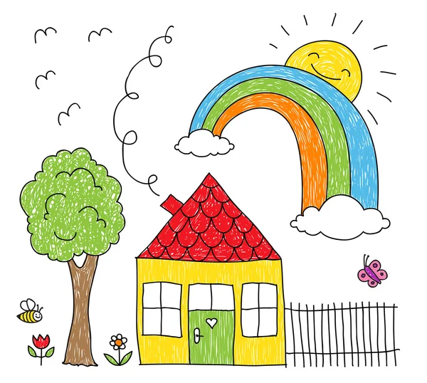 Kid tekening van een huis, de regenboog en de boom — Stockvector
