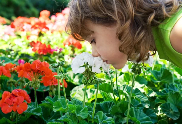 Menina cheirar flores — Fotografia de Stock