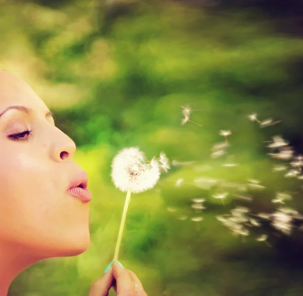 Woman blowing on dandelion — Stock Photo, Image