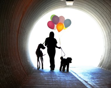 Balonlar ve iki köpek tutan kız