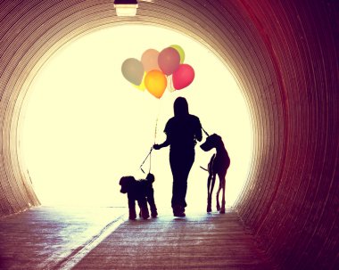 Balonlar ve iki köpek tutan kız