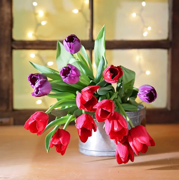 Tulips on a wooden board — Stock Photo, Image