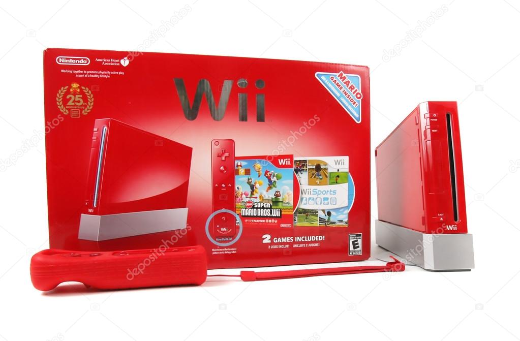 The Wii gaming system in special edition red color with a remote and manufacturer's box.