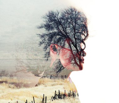 Double exposure with field trees and woman clipart