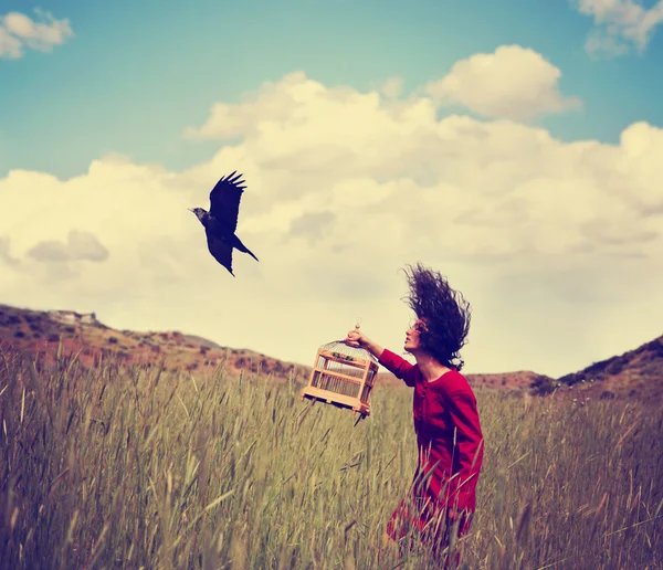 Chica en el campo con pájaro —  Fotos de Stock