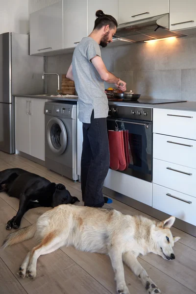 犬の飼い主の足で横になっています。 — ストック写真