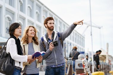 Diverse group of friends traveling clipart