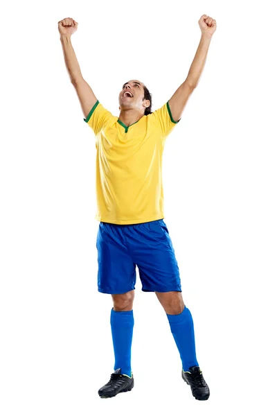 Celebrating soccer brazil man — Stock Photo, Image