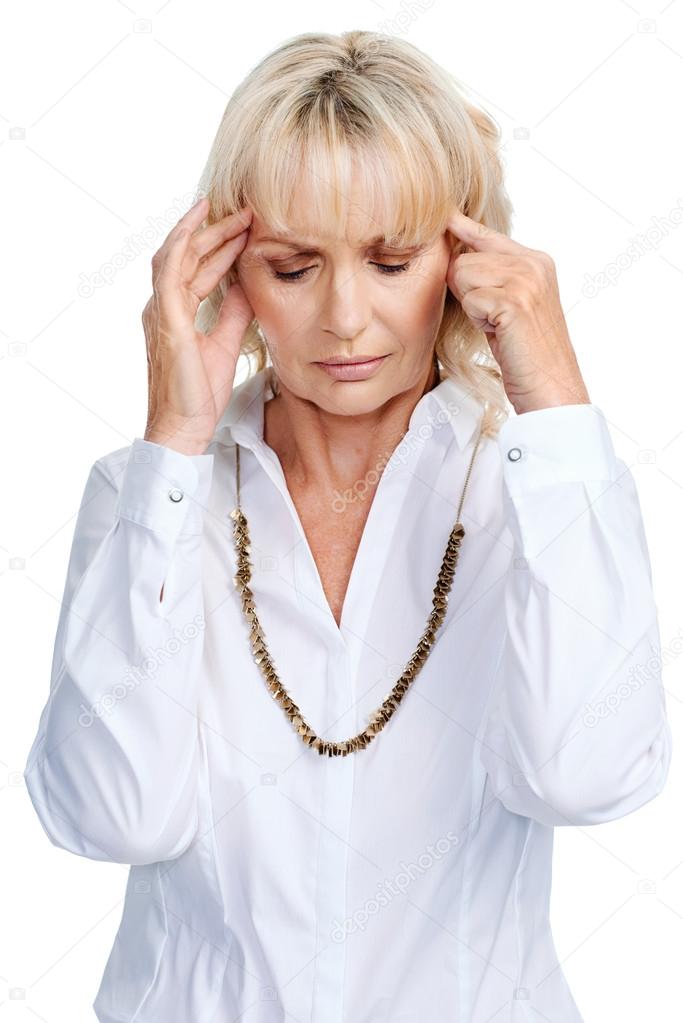 Thinking woman mature blonde