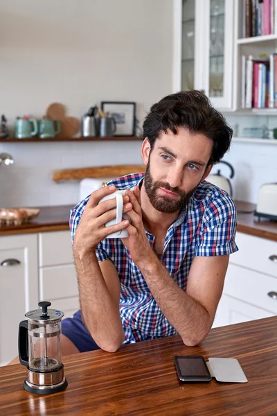 Man enjoying french press filter coffee — 스톡 사진