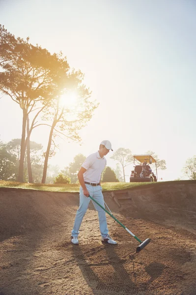Golfer raking bunker in morning — Stock Photo, Image