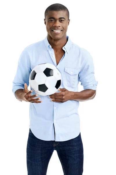Celebrando fã de futebol com bola — Fotografia de Stock