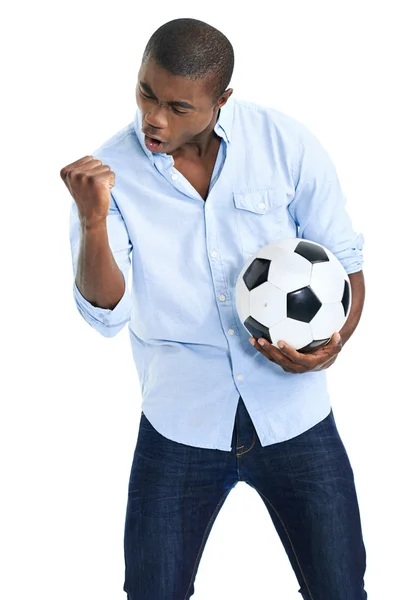 Celebrando el fútbol fan con pelota —  Fotos de Stock