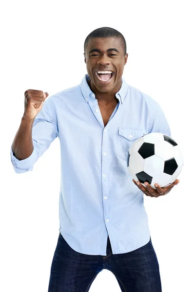 Celebrating soccer fan with ball — Stock Photo, Image