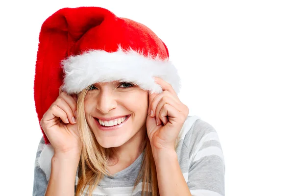 Mujer en sombrero de Navidad sonriendo — Foto de Stock