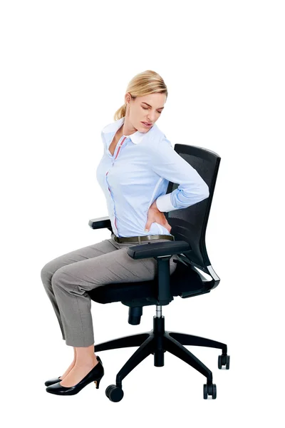 Kvinna med tillbaka spänningen smärta — Stockfoto