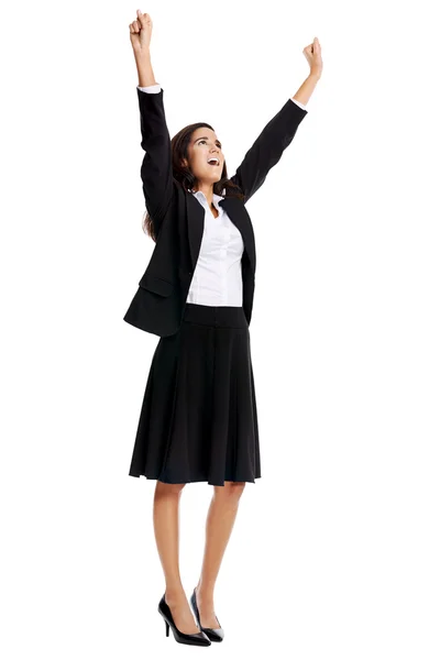 Businesswoman raising arms up — Stock Photo, Image