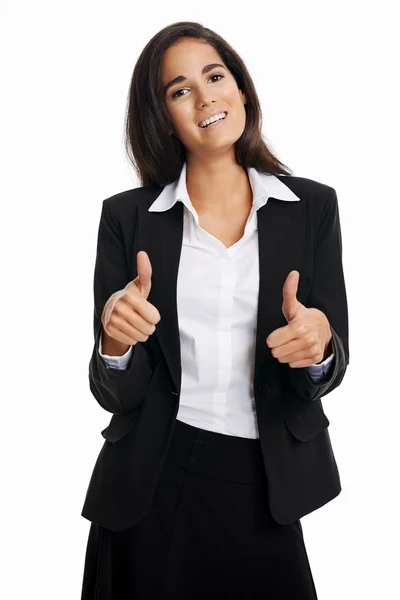 Positive Geschäftsfrau mit erhobenem Daumen — Stockfoto