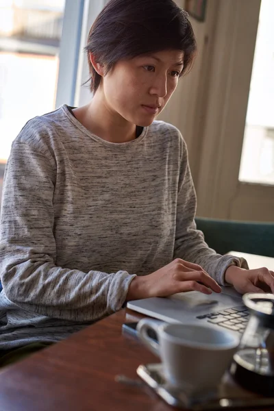 Woman on laptop, coffee break