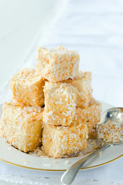 Golden marshmallow cubes with coconut bits — Stockfoto