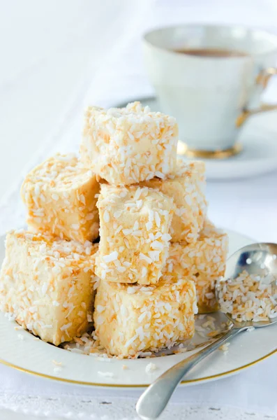 Golden marshmallow cubes with coconut bits — Φωτογραφία Αρχείου