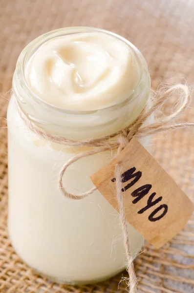 Bottle jar of mayonaise with 'mayo' label — Stock Photo, Image